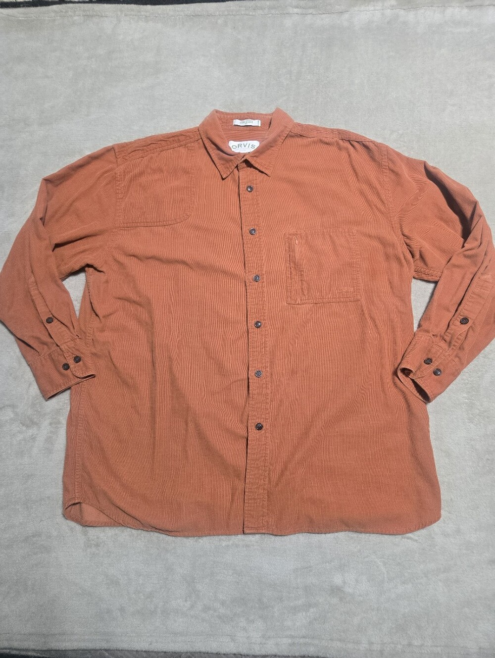 Orvis Men's Orange Fine Corduroy Button-Down Shirt Size XL Zippered Pocket